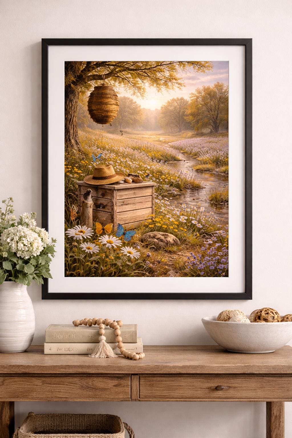 Beehive Wall Art, Butterflies and Wildflowers art, Nature Meadow Landscape, Cottage Farmhouse Printable Digital Download