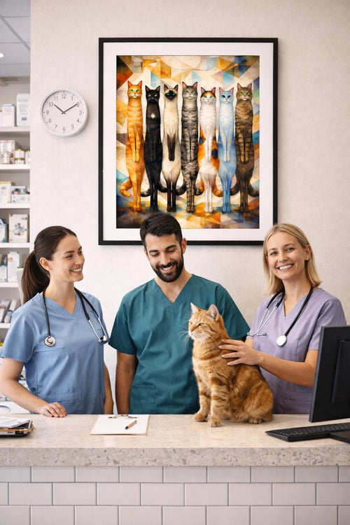 Abstract Cubist Stretch Cats Wall Art, Modern Cat Print, Colorful Geometric Feline Artwork, Contemporary Animal Decor