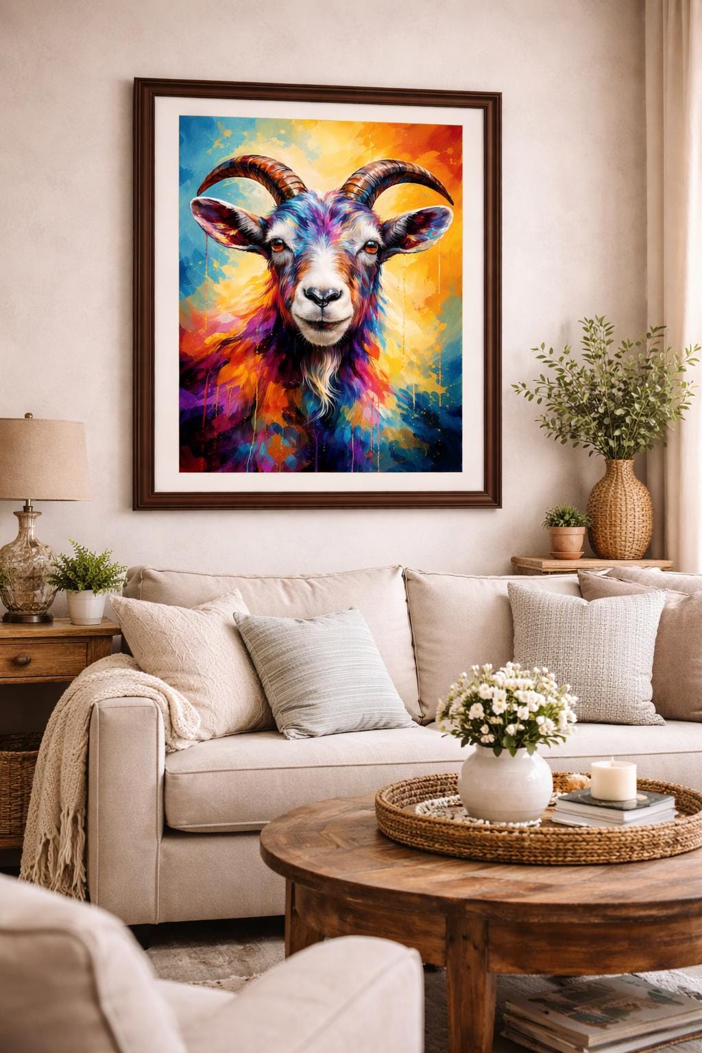 Colorful Goat Wall Art, Vibrant Farm Animal, Modern Rustic Decor, Whimsical Goat Portrait Printable