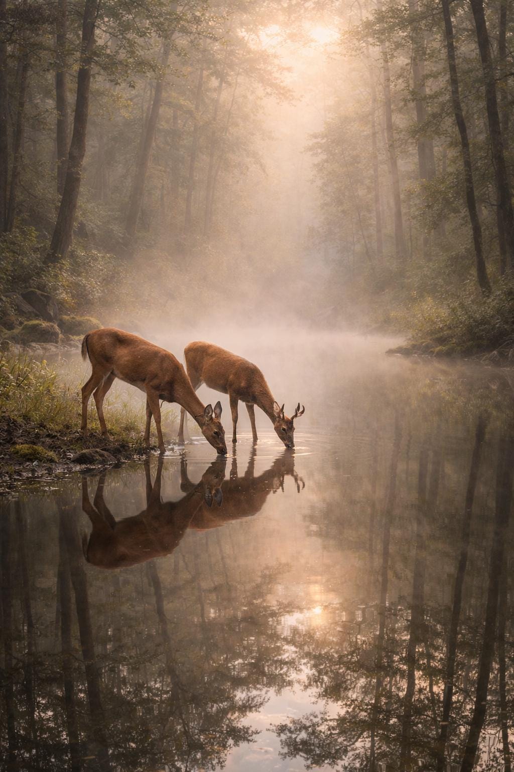 Deer by Forest Pond Wall Art, Wildlife Nature, Morning Mist Forest Decor, Rustic Cabin Art, Woodland Animal Printable, Instant print