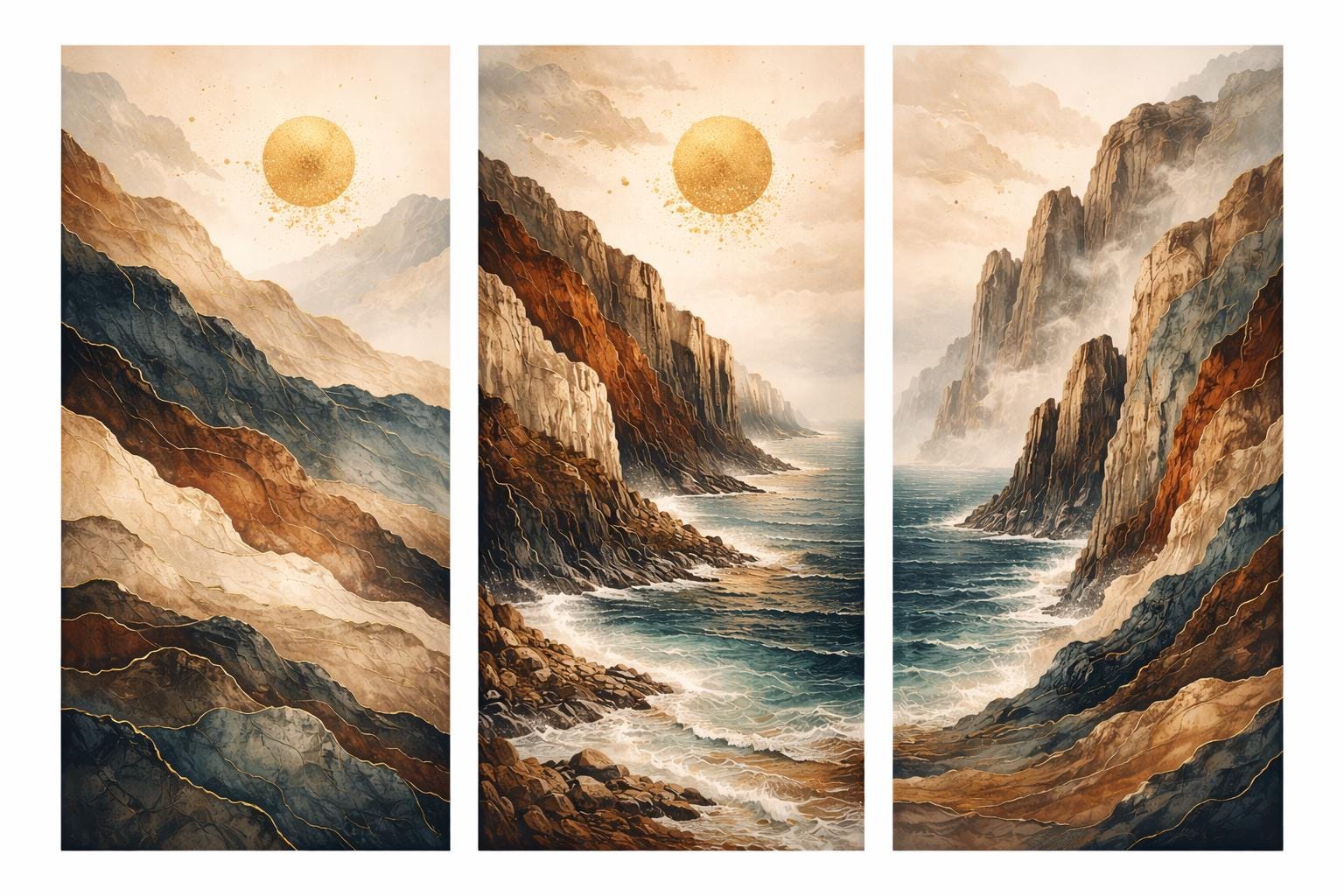 Coastal Cliffs Triptych Art Print, Abstract Seascape, Earth Tone Wall Decor (Digital Download)