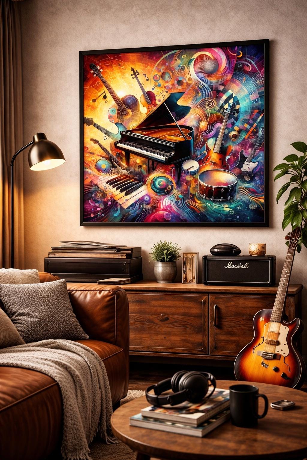 Abstract Music Instruments Art Print, Colorful Piano, Guitar, Violin (Digital Download)
