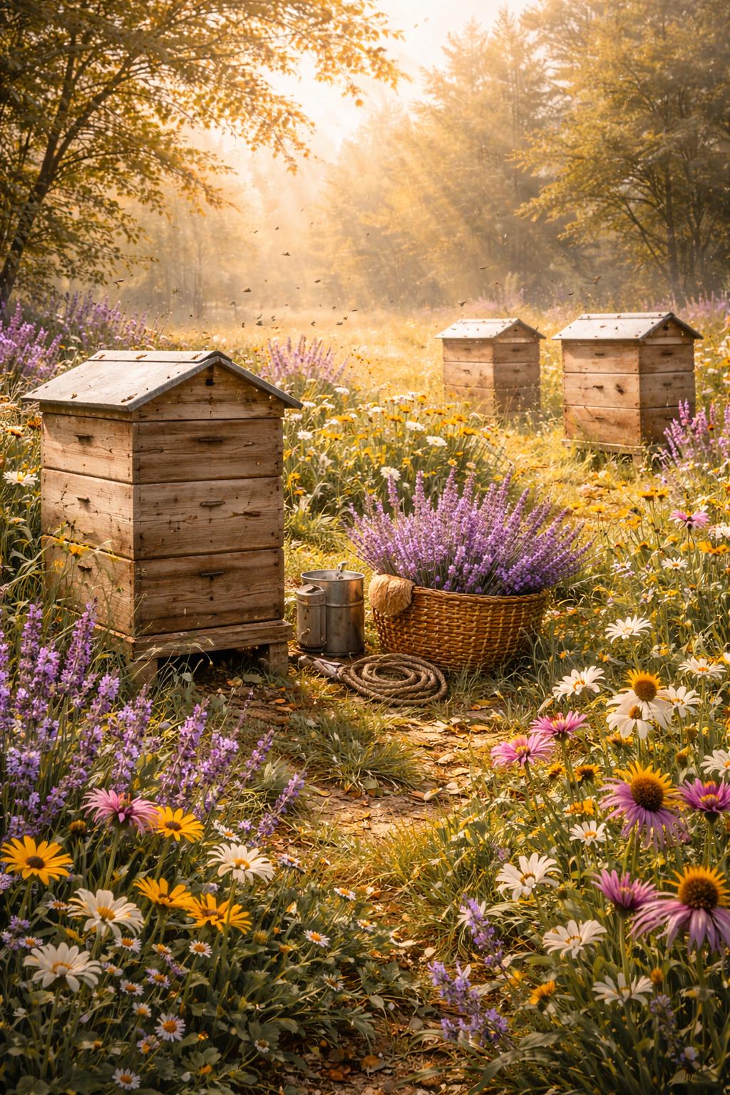 Beehives and Wildflowers Wall Art, Rustic Beekeeping Print, Cottagecore Garden Decor, Lavender Meadow Artwork, Nature Farm Printable