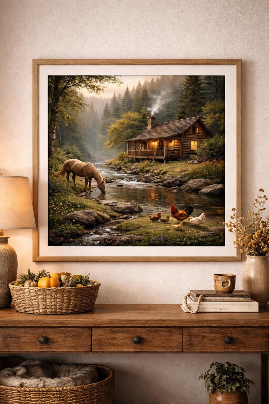 Cabin by the Creek Wall Art with Horse and Chickens, Rustic Farm Cabin Landscape, Country Nature Printable
