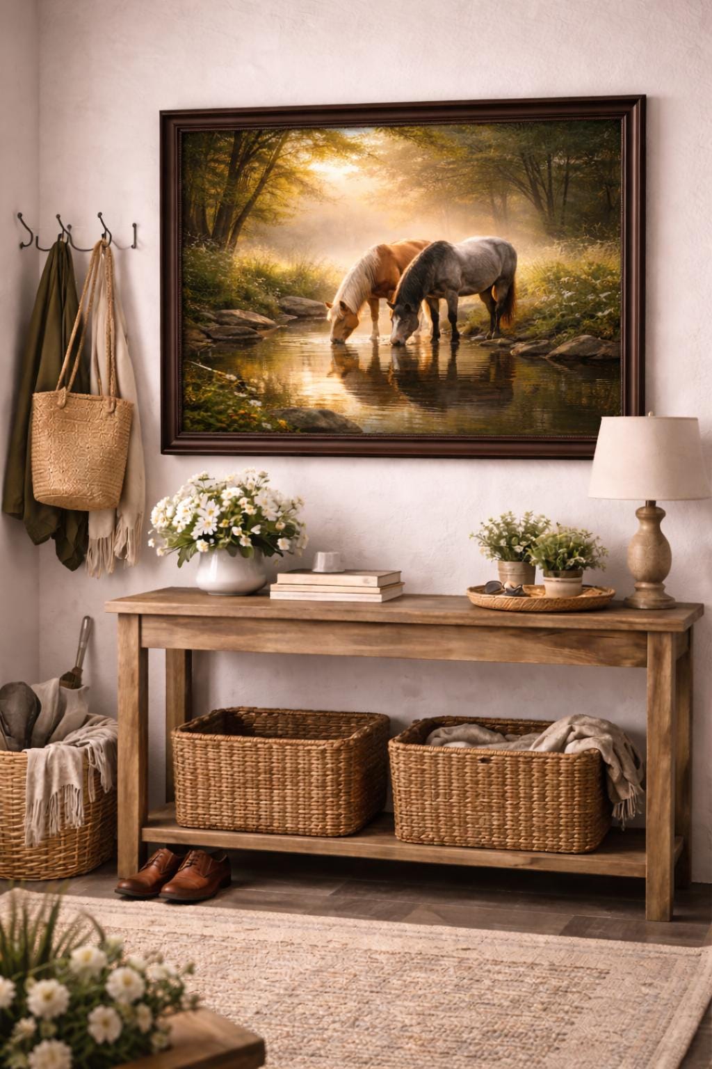 Horses Drinking at a Stream Wall Art, Horse Nature Print, Woodland Creek Artwork, Rustic Cabin Decor, Horse Lover Wall Art, Instant Download